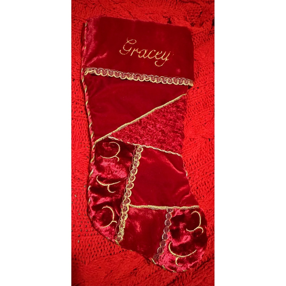 Dan Dee Collectors Choice Red Velvet Christmas Stocking Gold Trim Gracey Name